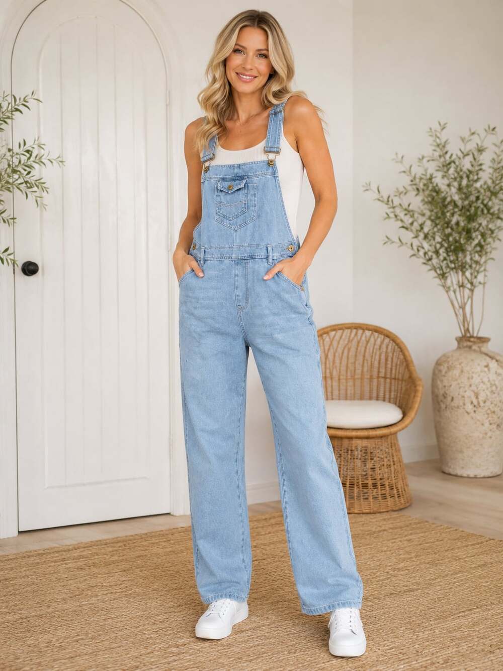 Anna-Kaci Light Wash Denim Overalls Loose Fit Adjustable Bib Pocket Medium